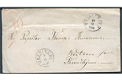 1867. Portobrev fra Helsingør d. 5.11.1867 via Kjøbenhavn og Christiania til Trondhjem, Norge. Påskrevet 10 sk. porto.