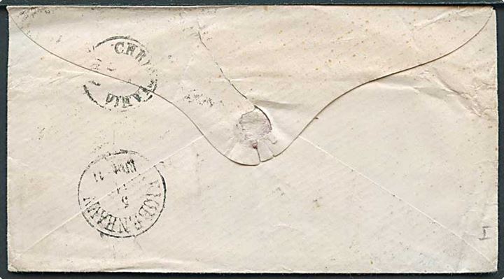 1867. Portobrev fra Helsingør d. 5.11.1867 via Kjøbenhavn og Christiania til Trondhjem, Norge. Påskrevet 10 sk. porto.