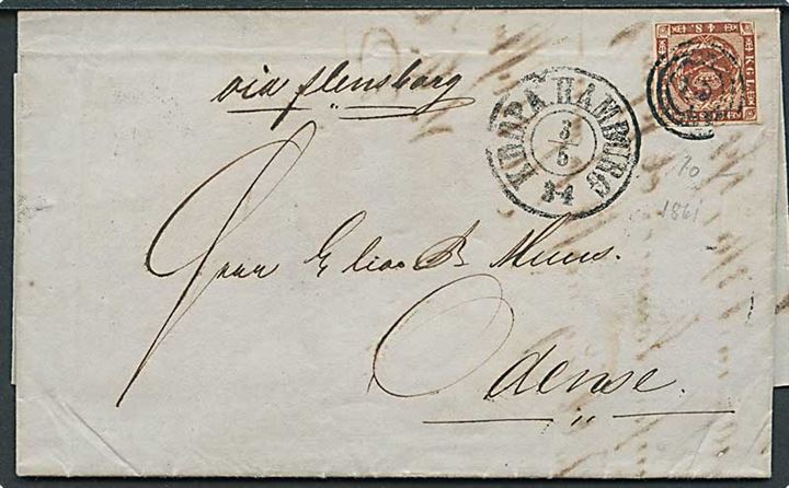4 sk. 1858 udg. på brev annulleret med nr.stempel 2 og sidestemplet K.D.O.P.A. Hamburg d. 3.5.1861 til Odense. Påskrevet via Flensburg.