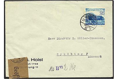 25 Pfg. Leipzig Messe singel på brev fra Hamburg, Tyskland, d. 23.5.1941 til Nykøbing F. Åbnet af den tyske censur i Hamburg og lukket med brun fortrykt banderole.