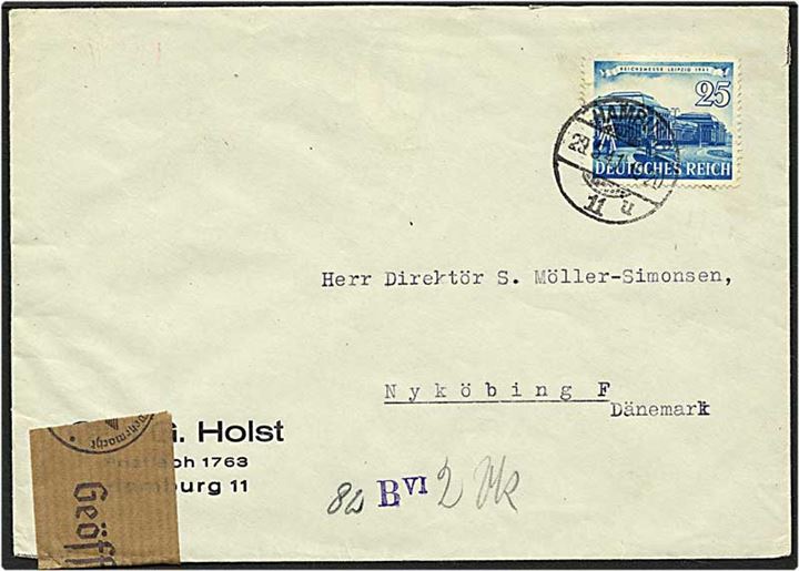 25 Pfg. Leipzig Messe singel på brev fra Hamburg, Tyskland, d. 23.5.1941 til Nykøbing F. Åbnet af den tyske censur i Hamburg og lukket med brun fortrykt banderole.