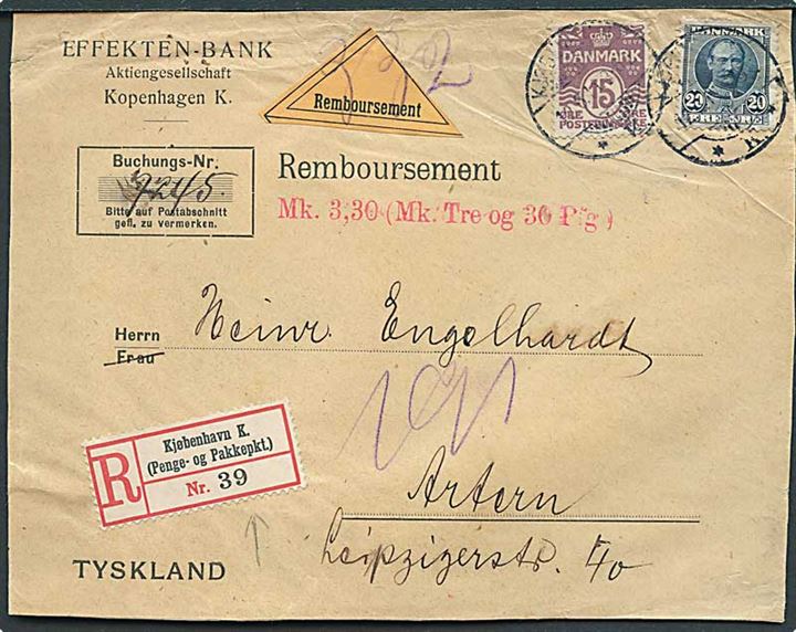15 øre Bølgelinie og 20 øre Fr. VIII på anbefalet brev med opkrævning fra Kjøbenhavn d. 12.6.1911 til Artern, Tyskland.