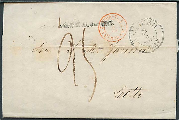 1849. Portobrev med indhold dateret Helsingfors d. 14.6.1849 stemplet Hamburg Th.& T. d. 22.6.1849 til Cette, Frankrig. Fransk porto.