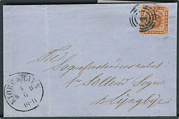 4 sk. stukken kant på brev annulleret med nr.stempel 1 og sidestemplet Kiøbenhavn d. 4.6.1864 til Søllerød Sogn pr. Lyngby.
