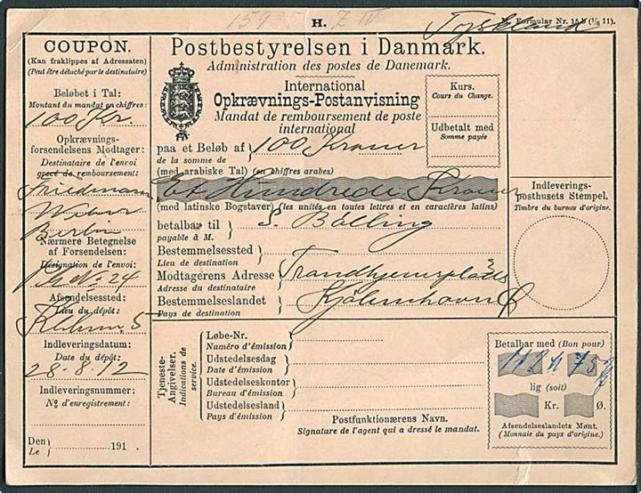 International Opkrævnings-Postanvisning M. Formular Nr. 15b (1/6 11) dateret Kjøbenhavn d. 28.8.1912 for forsendelse til Berlin, Tyskland. Uden stempler.