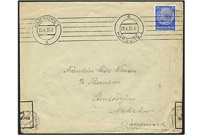 25 Pfg. Hindenburg singel på brev fra Hamburg d. 23.4.1937 til Nakskov, Danmark. Åbnet af tysk valutakontrol og stemplet med bureaustempel: Hamburg-Warnemünde / Bahnpost / Zug 7.