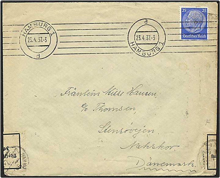 25 Pfg. Hindenburg singel på brev fra Hamburg d. 23.4.1937 til Nakskov, Danmark. Åbnet af tysk valutakontrol og stemplet med bureaustempel: Hamburg-Warnemünde / Bahnpost / Zug 7.