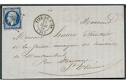 20 c. Napoleon III utakket på brev annulleret med svagt nr.stempel fra Rive de Gier d. 14.5.1856 til St. Etienne.
