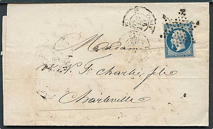 20 c. Napoleon III utakket på brev fra Paris d. 18.9.1856 til Charleville.