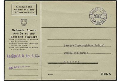Ufrankeret feltpostbrev fra 2. verdenskrig stemplet: NUMERO P.CAMP. / 5305 / Poste de camp. til Wabern. Fra chefen for 2. Artilleri Division.