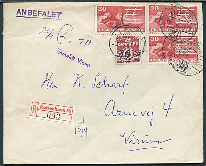 5 øre Bølgelinie og 30 øre Landbrug (3) på anbefalet brev fra København d. 19.4.1963 til Virum. Stemplet anmeldt Virum. Fold.