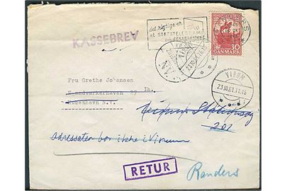 30 øre 1000 års udg. på brev fra Randers d. 18.10.1961 til København - eftersendt til Virum og retur som ubekendt med liniestempel: Kassebrev.