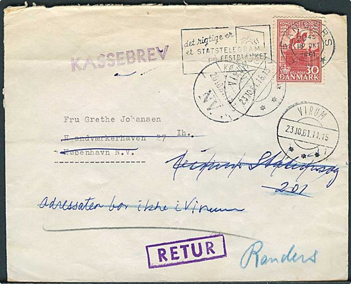 30 øre 1000 års udg. på brev fra Randers d. 18.10.1961 til København - eftersendt til Virum og retur som ubekendt med liniestempel: Kassebrev.