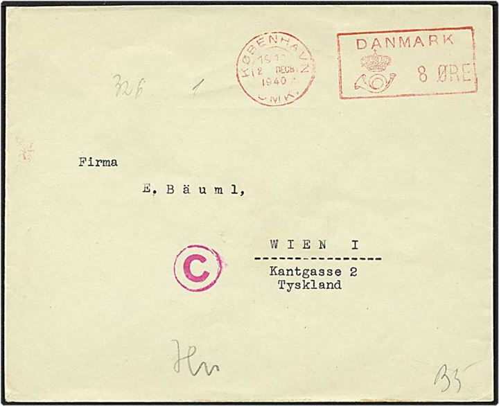 8 øre posthus-franko frankeret tryksag fra København d. 2.12.1940 til Wien, Østrig. Passér-stemplet af den tyske censur i Berlin.