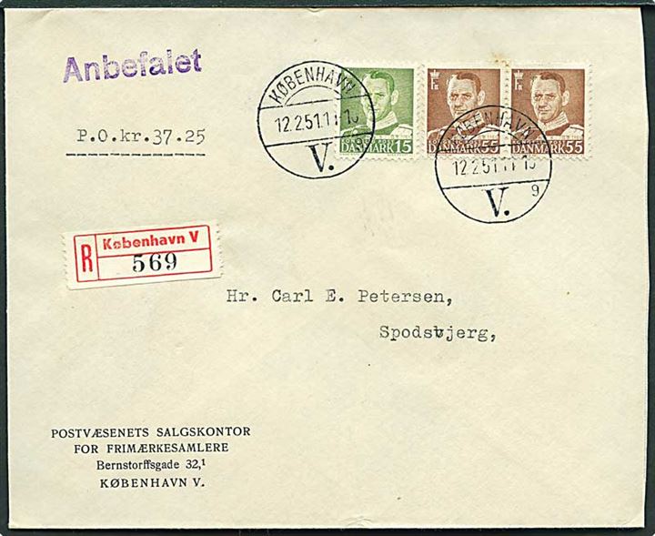15 øre og 55 øre (par) Fr. IX på anbefalet brev fra København d. 12.2.1951 til Spodsbjerg.