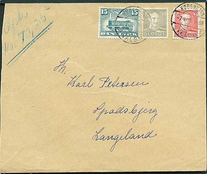 20 øre, 50 øre Chr. X og 15 øre DSB Jubilæum på brev med opkrævning fra København Valby d. 7.4.1948 til Spodsbjerg på Langeland.