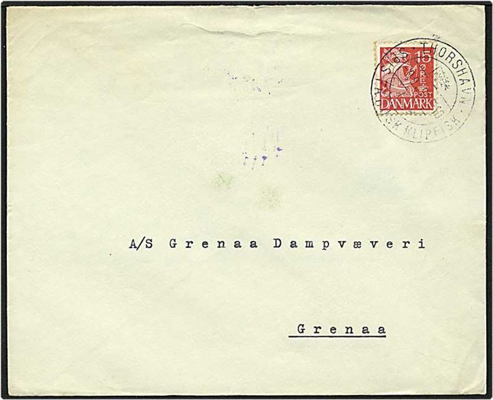 15 øre rød karavel på brev fra Thorshavn d. 9.9.1939 til Grenaa. Thorshavn klipfisk stempel.