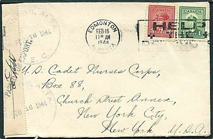 1 c. og 3 c. George VI på brev fra Edmonton d. 16.2.1944 til New York, USA. Åbnet af canadisk toldkontrol.