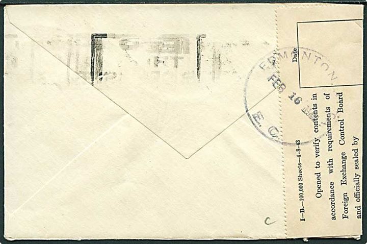 1 c. og 3 c. George VI på brev fra Edmonton d. 16.2.1944 til New York, USA. Åbnet af canadisk toldkontrol.