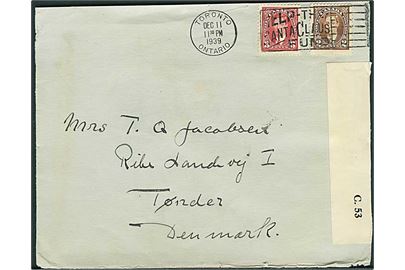 2 cents og 3 cents George VI på brev fra Toronto d. 11.12.1939 til Tønder, Danmark. Åbnet af canadisk censur C.53.