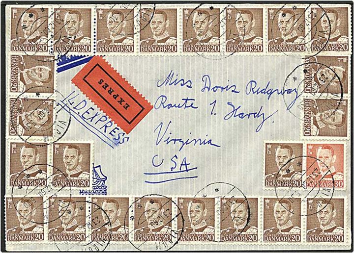 20 øre brun og 30 øre rød Fr. IX på expres brev fra Virum d. 23.12.1960 til Virginia, USA.