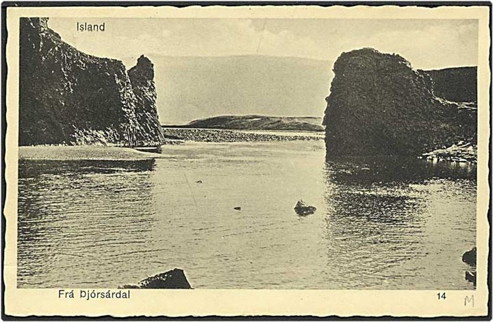 50 aur grøn/brun på postkort fra Reykjavik, Island, d. 29.1.1937 til New York, USA. Motiv parti fra Djórsárdal.