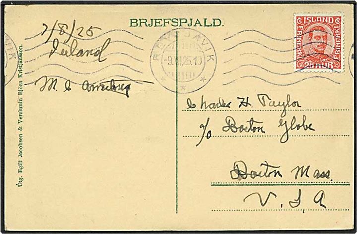 25 sur rød Chr. X singelfrankatur på postkort fra Reykjavik, Island, d. 9.7.1925 til USA. Motiv parti fra Laugarnar.