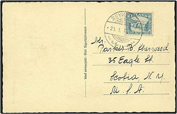 75 aur blågrøn Guldfoss på postkort fra Reykjavik, Island, d. 29.1.1937 til New York, USA. Motiv: parti fra Djórsárdal.