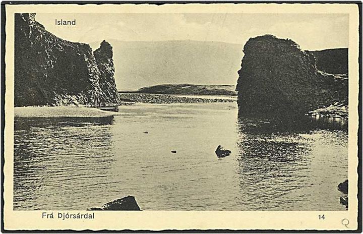 75 aur blågrøn Guldfoss på postkort fra Reykjavik, Island, d. 29.1.1937 til New York, USA. Motiv: parti fra Djórsárdal.