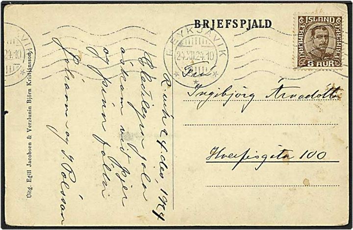 8 aur brun Chr. X på lokalt sendt postkort fra Reykjavik, Island, d. 24.12.1924. Motiv: vid Fögrubrekku á Pingvöllum.