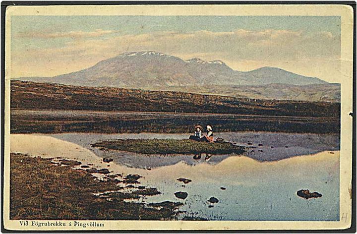 8 aur brun Chr. X på lokalt sendt postkort fra Reykjavik, Island, d. 24.12.1924. Motiv: vid Fögrubrekku á Pingvöllum.