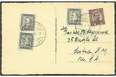 8 aur brun Chr. X. samt 3 aur gråoliv på postkort fra Reykjavik, Island, d. 29.1.1937 til New York, USA. Motiv: parti fra Eyjafjöllum.