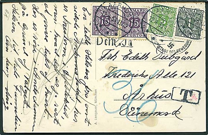 Ufrankeret brevkort fra München til Aarhus, Danmark. Udtakseret i 36 øre porto med 1 øre, 5 øre og 15 øre (2) Portomærker stemplet Aarhus d. 12.4.1938.
