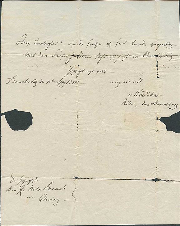 1828. Francobrev med håndskrevet bynavn Itzehoe 22. April 1828 til Mainz. Påskrevet: Frei Hamburg med stempel DANEMARCK PAR HAMBOURG. 