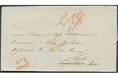 Udateret brev påskrevet Fr. til Kommandørkaptajn Zahrtmann i København - eftersendt til Wyck på Föhr. Interessant påtegning. Zahrtmann, senere marineminister, var kaptajnløjtnant i årene 1843-1849. Påskrevet 28 4/5 rbs porto (Takst København-Altona 9 schilling kurant = 9x3,2 = 28,8 = 28 4/5 rbs). 