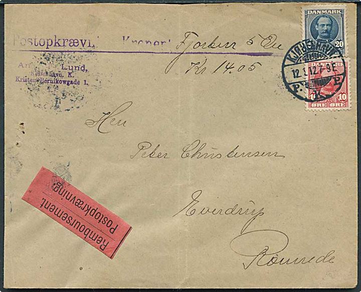 10 øre og 20 øre Fr. VIII på brev med opkrævning fra Kjøbenhavn d. 12.1.1912 til Everdrup pr. Rønnede.