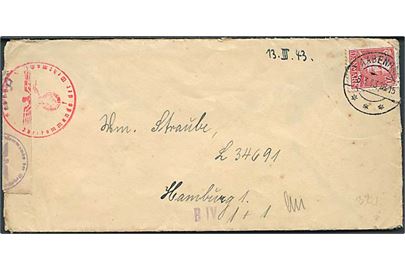 20 øre Chr. X på brev fra Aabenraa d. 6.3.1943 til tysk feltpost L 34691, Hamburg 1 (=  I. Batterie Reserve-Flak-Abteilung 306). Åbnet af tysk censur i Hamburg.