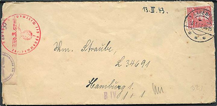 20 øre Chr. X på brev fra Aabenraa d. 6.3.1943 til tysk feltpost L 34691, Hamburg 1 (=  I. Batterie Reserve-Flak-Abteilung 306). Åbnet af tysk censur i Hamburg.