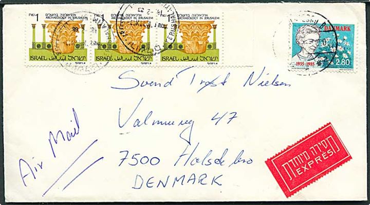 2,80 kr. Dr. Ingrid og Israelsk frankering på ekspresbrev fra Jerusalem 1986 til Holstebro, Danmark.