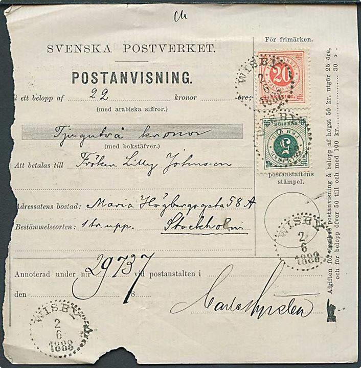 5 öre og 20 öre Ringtype på Postanvisning fra Wisby d. 2.6.1888 til Stockholm.