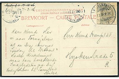 3 øre helsagsafklip som frankering på lokalt brevkort fra Kjøbenhavn Valby d. 7.3.1908 til København.