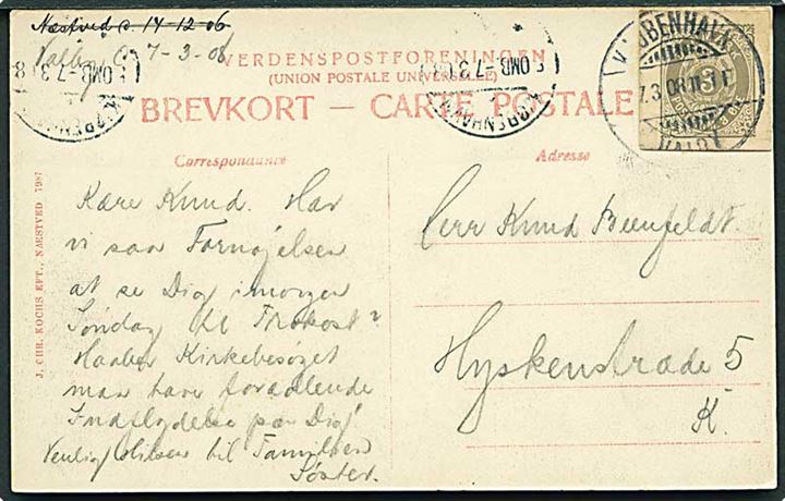 3 øre helsagsafklip som frankering på lokalt brevkort fra Kjøbenhavn Valby d. 7.3.1908 til København.