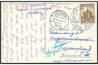 20 øre 1000 års udg. på brevkort fra Juelsminde d. 29.6.1959 til Bispebjerg Hospital, København - eftersendt med stempel: Kassebrev Omkarteringspostkontoret København.