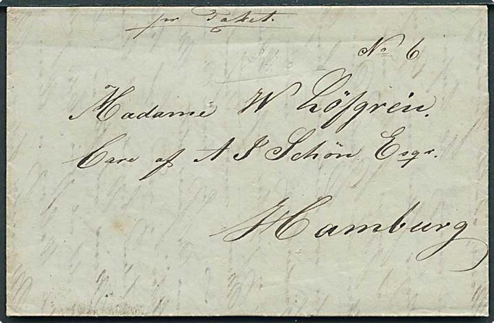 1846. Privatbefordret brev dateret Patillas paa Porto Rico d. 17.4.1846 Ombord i Swea til Hamburg. Påskrevet pr. Paket. Langt indhold skrevet på dansk, som fortæller at Swea afgår til Triest. 