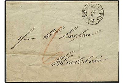 Ufrankeret brev fra Lübeck, Tyskland, d. 15.6.1855 til Skælskør. Påskrevet 6 i porto.
