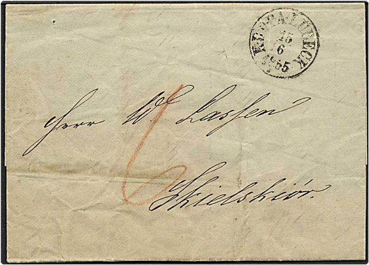 Ufrankeret brev fra Lübeck, Tyskland, d. 15.6.1855 til Skælskør. Påskrevet 6 i porto.