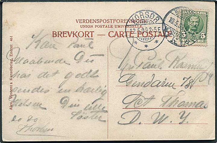 5 øre Fr. VIII på brevkort fra Kjøbenhavn d. 10.5.1909 via Korsør til Gendarm på St. Thomas, Dansk Vestindien.