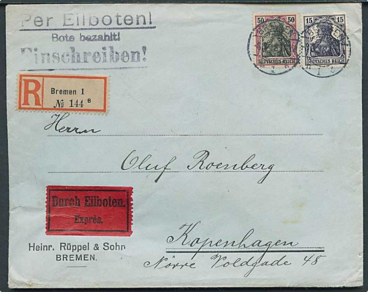 15 pfg. og 50 pfg. Germania på anbefalet ekspresbrev fra Bremen d. 8.3.1918 til København, Danmark. På bagsiden tysk censur fra Bremen.