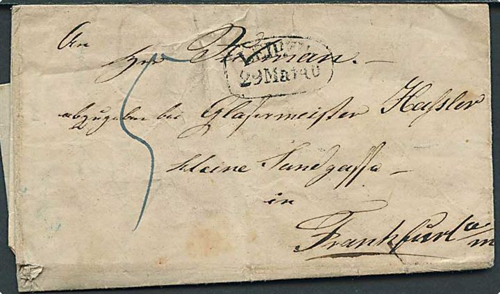 1840. Portobrev med indhold stemplet Leipzig d. 29.3.1840 til Frankfurt a. Main.