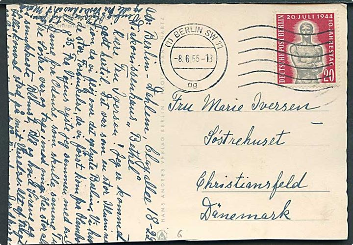 Berlin. 20 pfg. single på brevkort (BEA Airspeed Ambassador i Berlin Zentralflughafen) fra Berlin d. 8.6.1955 til Christiansfeld, Danmark.  